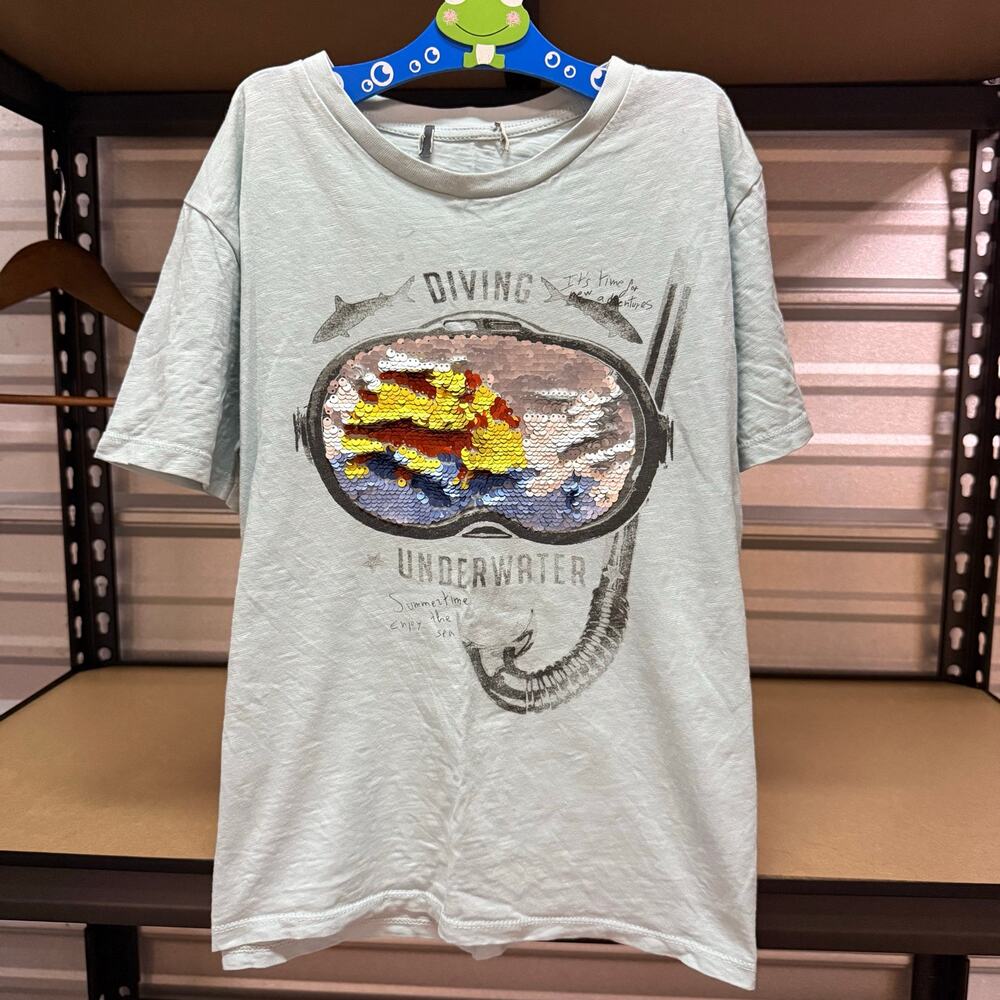 Kids Flip Sequin Diving Underwater Graphic Tee Mint Size L 10-12 Unisex